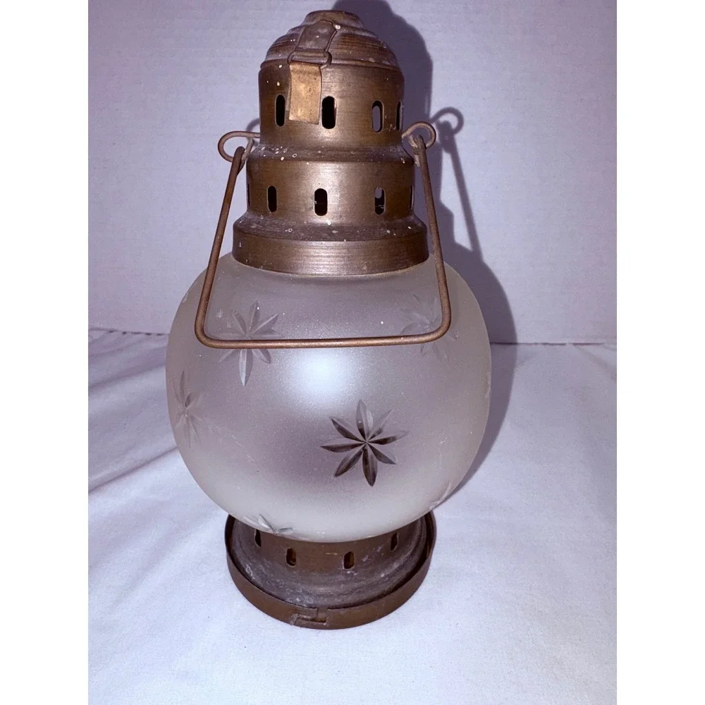 Frosted Etched‎ Star Glass Brass Candle Lantern Hanging Tea Light Holder Vintage